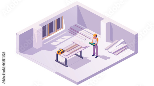 Isometric view of a worker with clipboard in a room with wood planks and a toolbox on a table