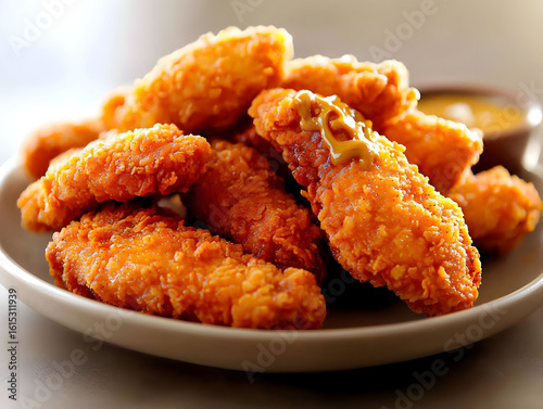 Crispy chicken tenders piled high on a plate, drizzled with mustard sauce.  Close-up view of the golden-brown, breaded pieces