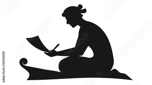 Black Silhouette Ancient Scribe Writing Scroll vector 1