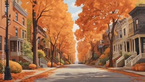 Autumn Street Scene with Colorful Trees and Historic Brownstone Buildings