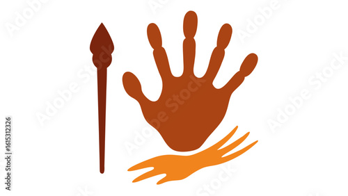 Brown Handprint Silhouette Cave Painting with Spear