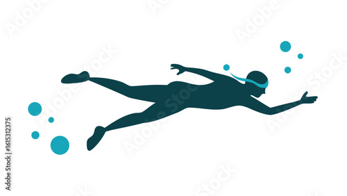 Teal Scuba Diver Silhouette Swimming Underwater with Air Bubbles 1