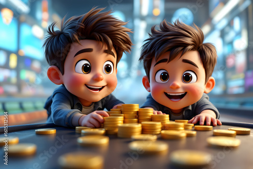 Two Happy Boys with Gold Coins Childhood Savings Investment Future