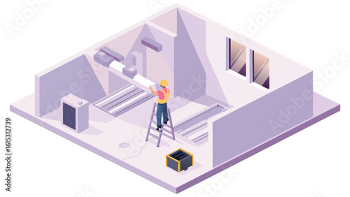Isometric view of a construction worker installing ventilation ducts in an unfinished room with windows