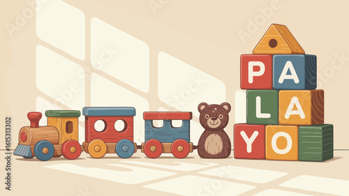 Wooden toy train and alphabet blocks with teddy bear vector