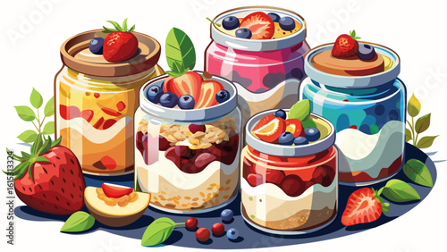 healthy breakfast options, healthy yogurt parfaits with granola and berries on a wooden table in a bright, contemporary kitchen