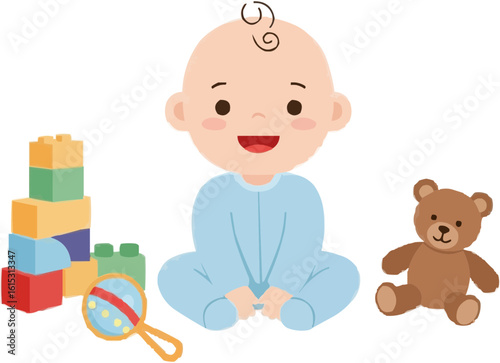 Adorable baby boy playing with colorful building blocks teddy bear and rattle childhood fun