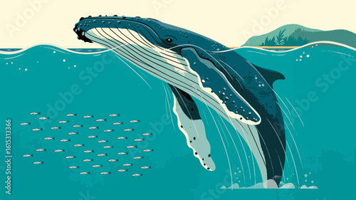Majestic humpback whale breaching near a school of fish ocean water