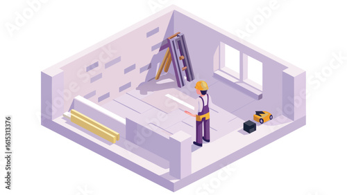 Isometric view of a construction worker renovating a room with ladder and equipment present inside
