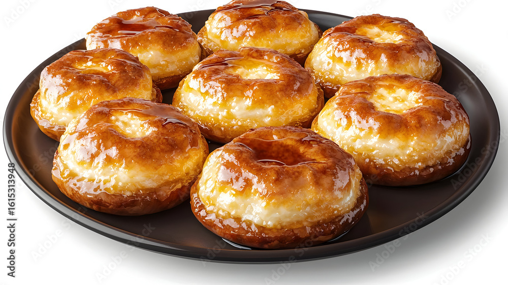 Small, round, light-brown pastries, glazed with amber syrup, arranged on a dark plate. Features a light, creamy filling Small, round, light-brown pastries, glazed with amber syrup, arranged on a dark plate. Features a light, creamy filling