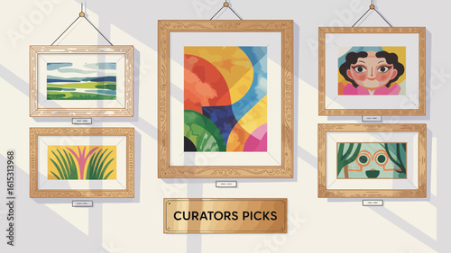 Gallery wall with framed artwork exhibition paintings