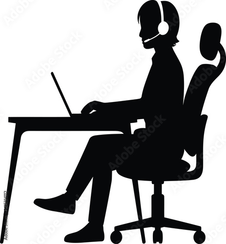 Modern silhouette of support staff with headset working on laptop, ideal for remote work, customer service, or online communication concepts