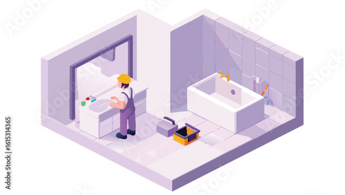 Isometric view of a plumber fixing a sink in a bathroom with a bathtub and tools present in the room