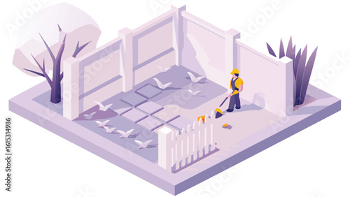 Isometric view of a worker sweeping a patio with birds, tree, fence, and walls surrounding the area