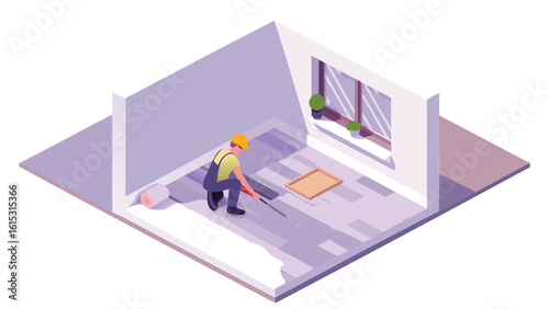 Isometric view of a construction worker installing flooring in a room with window and plants