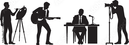 Vector art of silhouettes of people in various professions including a musician, photographer, and businessman isolated on transparent background