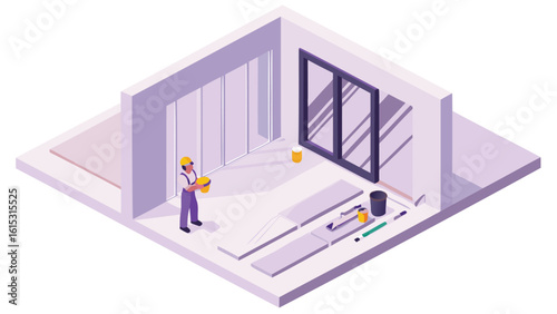 Isometric view of a worker laying floor panels in a room with a large sliding glass door frame