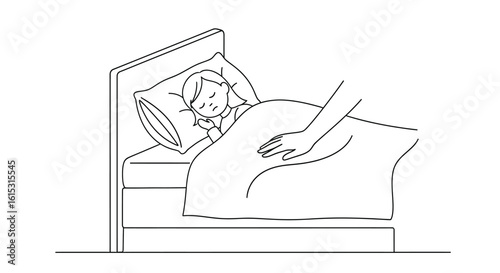 Illustration of sleeping child in bed with comforting hand bedtime routine concept