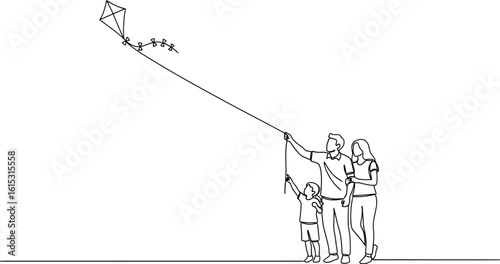 Family flying kite vector illustration single line drawing stock illustration