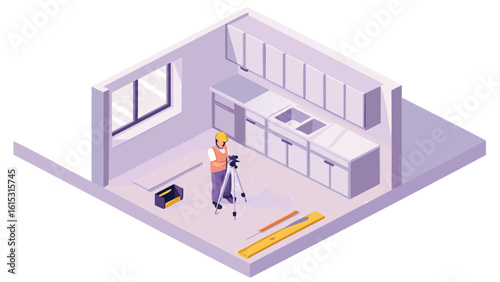 Isometric view of a construction worker surveying a kitchen with cabinets and a window present