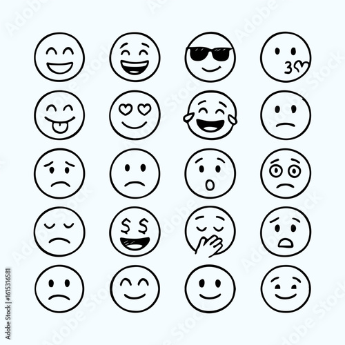 Cute hand-drawn emoji line art icon set. Vector smiley face emoticons.