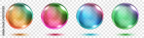 Set of four translucent spheres of rainbow colors with highlights and shadows on transparent background, vector illustration for design projects and creating creative works.