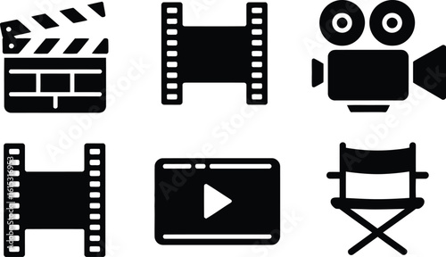 Stock vector icons for film making and video production including camera clapperboard and director chair