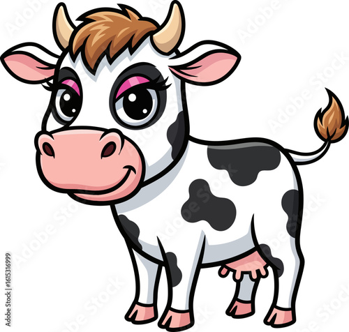 Cute Cartoon Black and White Spotted Dairy Cow Isolated