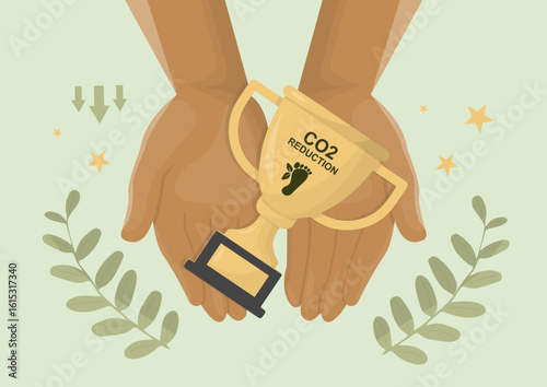 Hands presenting golden CO2 reduction trophy with footprint icon, surrounded by laurel leaves and stars representing environmental excellence. CO2 Reduction Trophy. Carbon neutral. Vector illustration