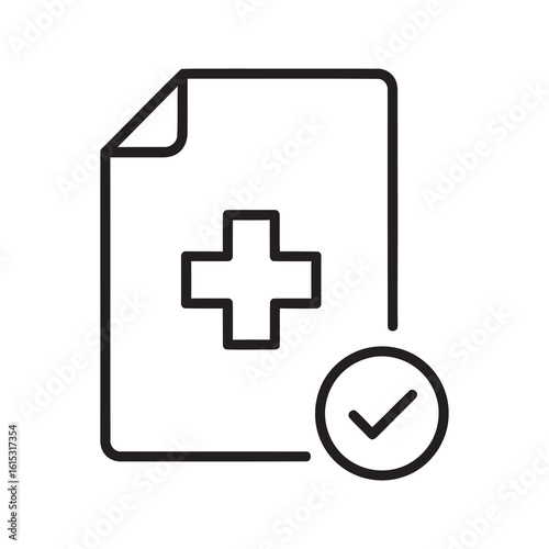 Line icon of an approved medical document with a health cross and checkmark representing verified patient report and successful treatment validation vector stroke