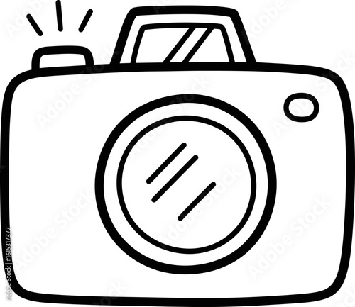 A simple black and white outline drawing of a camera isolated on a white background