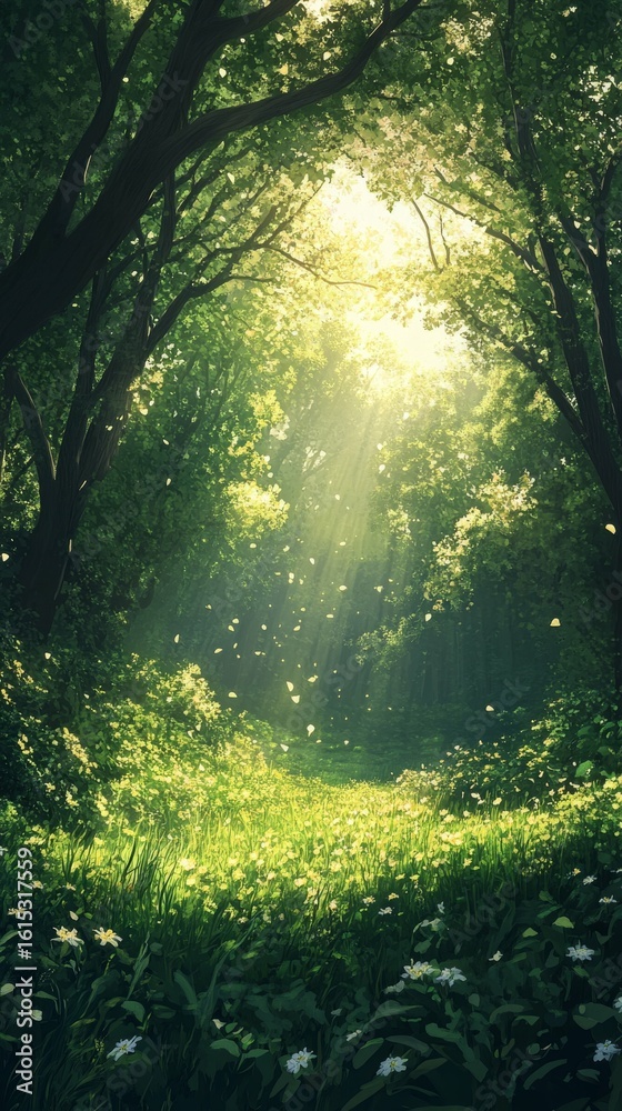 Fototapeta premium Sunlight Streaming Through Green Forest Canopy with Meadow