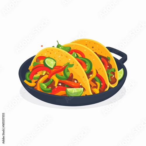 Enjoy authentic tacos filled with vibrant peppers and juicy lime wedges on a skillet ready for feasting