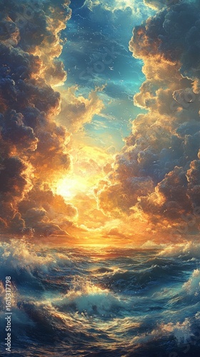 Ocean Waves at Sunrise with Dramatic Clouds and Golden Light
