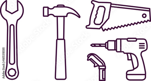 Handyman tools vector illustration: wrench, hammer, saw, drill, and level for home improvement projects