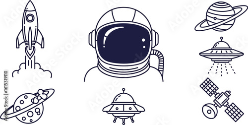 Vector space exploration icons set astronaut rocket planet ufo satellite illustration graphic design