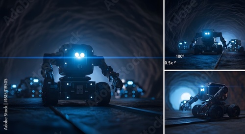 Robotic Crawler Exploring Dark Cave with Glowing Lights