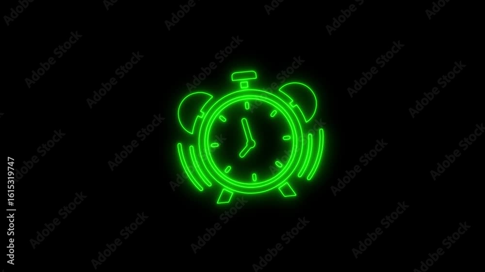 Glowing green neon alarm clock icon animated on black background for concepts Glowing green neon alarm clock icon animated on black background for concepts