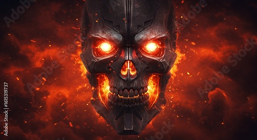 Intense digital illustration of a metallic skull with glowing red eyes and fiery elements, symbolizing power, danger, and advanced concepts