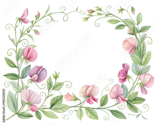 Delicate Floral Frame with Sweet Pea Blossoms and Greenery