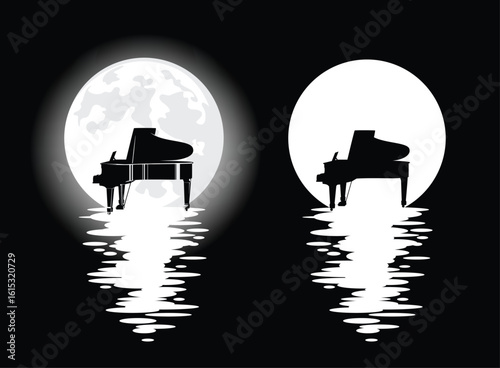 grand piano musical instrument standing in water at night with full moon -  classical music and nature harmony symbol vector silhouette design