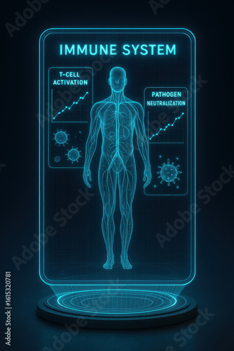 A futuristic visual depiction of the human immune system displaying t cell activation and pathogen neutralization on a digital interface