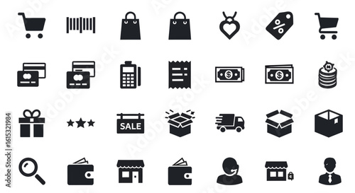 A comprehensive set of black glyph icons for e-commerce, representing shopping, finance, delivery, and online retail concepts.