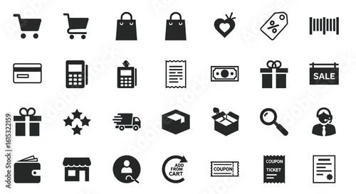 A set of universal business glyph icons for e-commerce, online shopping, and digital retail processes.