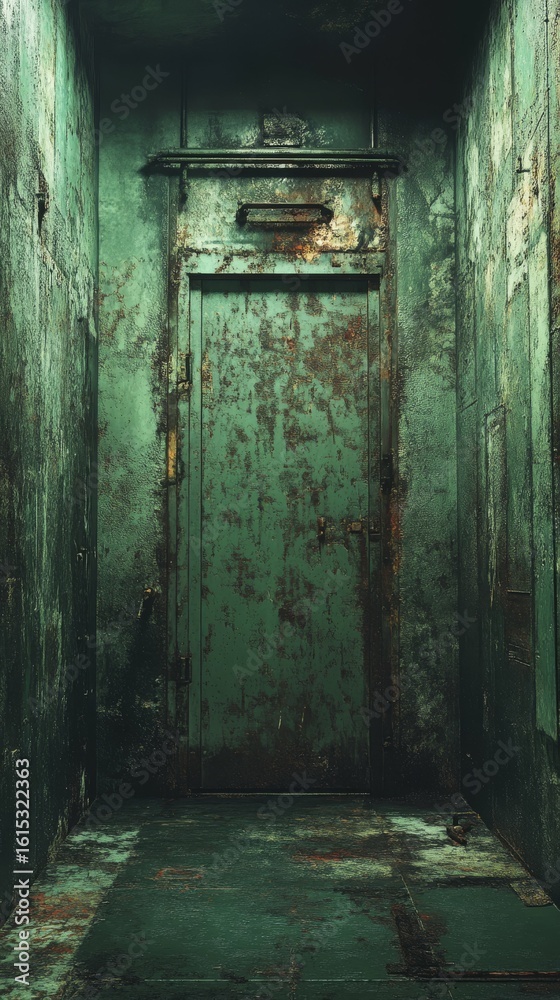 Obraz premium Old Metal Doorway in Dark Room with Weathered Walls