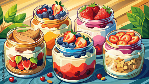Close-up of healthy breakfast options, yogurt parfaits in clear jars with vibrant fruit layers and granola on a rustic breakfast scene with space for text reveals freshness. Semi-realistic detail brin