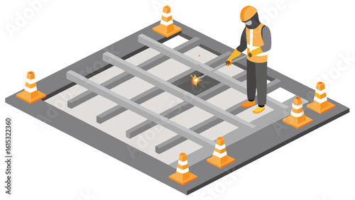Isometric view of a construction worker welding metal beams on a square platform with cones around