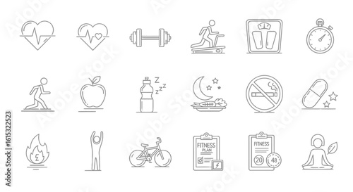 A collection of line art icons illustrating the concept of a healthy lifestyle, including fitness, diet, and wellness symbols.