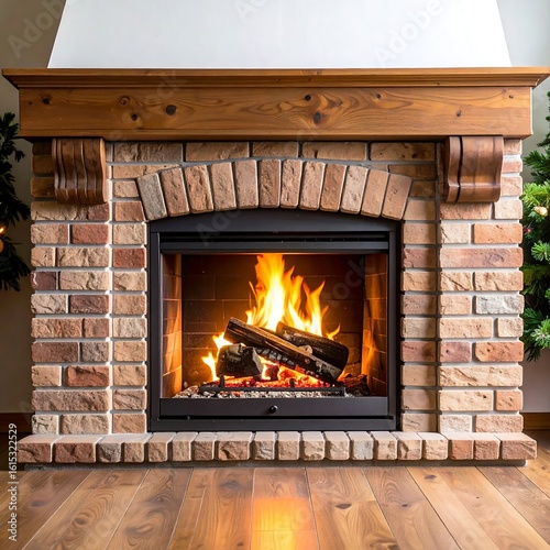 A warm brick fireplace with a crackling fire