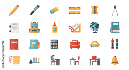 A collection of colorful flat icons representing school supplies. Back to school and education concept for learning.